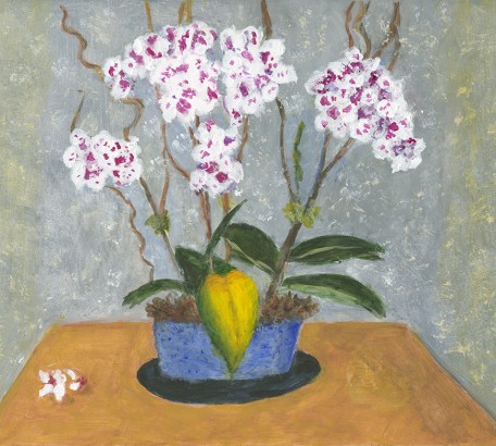 Fuchsia and White Orchids with Yellow Leaf, 