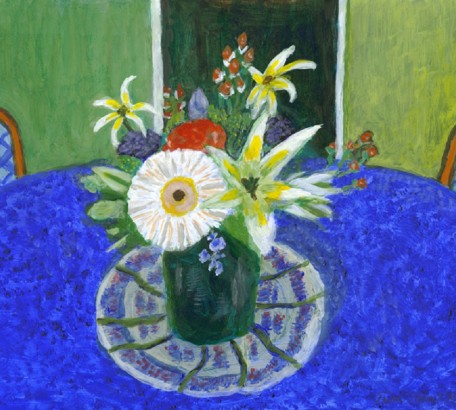 FLOWERS FOR HELEN ON BLUE TABLECLOTH , acrylic on gesso board , 11