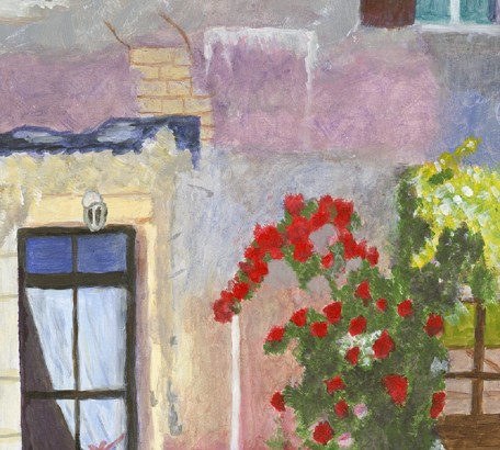 HOUSE BY RESTAURANT IN CHAPAIZE, BURGUNDY , acrylic on gesso board , 11