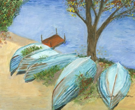 ROW BOATS ON BEACH IN AUTUMN, acrylic on gesso board, 11