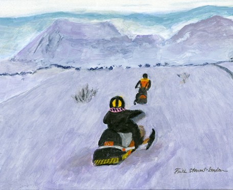 SNOWMOBILING ON LAKE MYVATN, ICELAND, acrylic on gesso board, 11