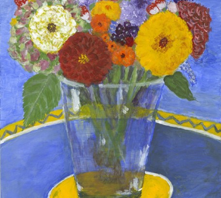 STILL LIFE FLOWERS WITH YELLOW DISH , acrylic on gesso board , 11