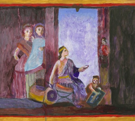 WOMAN PAINTER AT WORK, STUDY OF FRESCO, POMPEII , acrylic on gesso board , 11