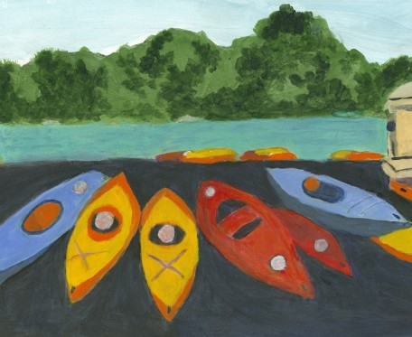 KAYAKS ON CENTRAL PARK LAKE, acrylic on gesso board, 12
